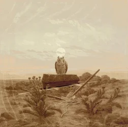 Paisaje con tumba, ataúd y búho